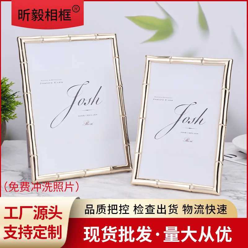 European Retro Luxury Metal Pendulum Table Light Gold Bamboo Square Photo Frame 6 7 10 vertical Decoration L251110 H260306