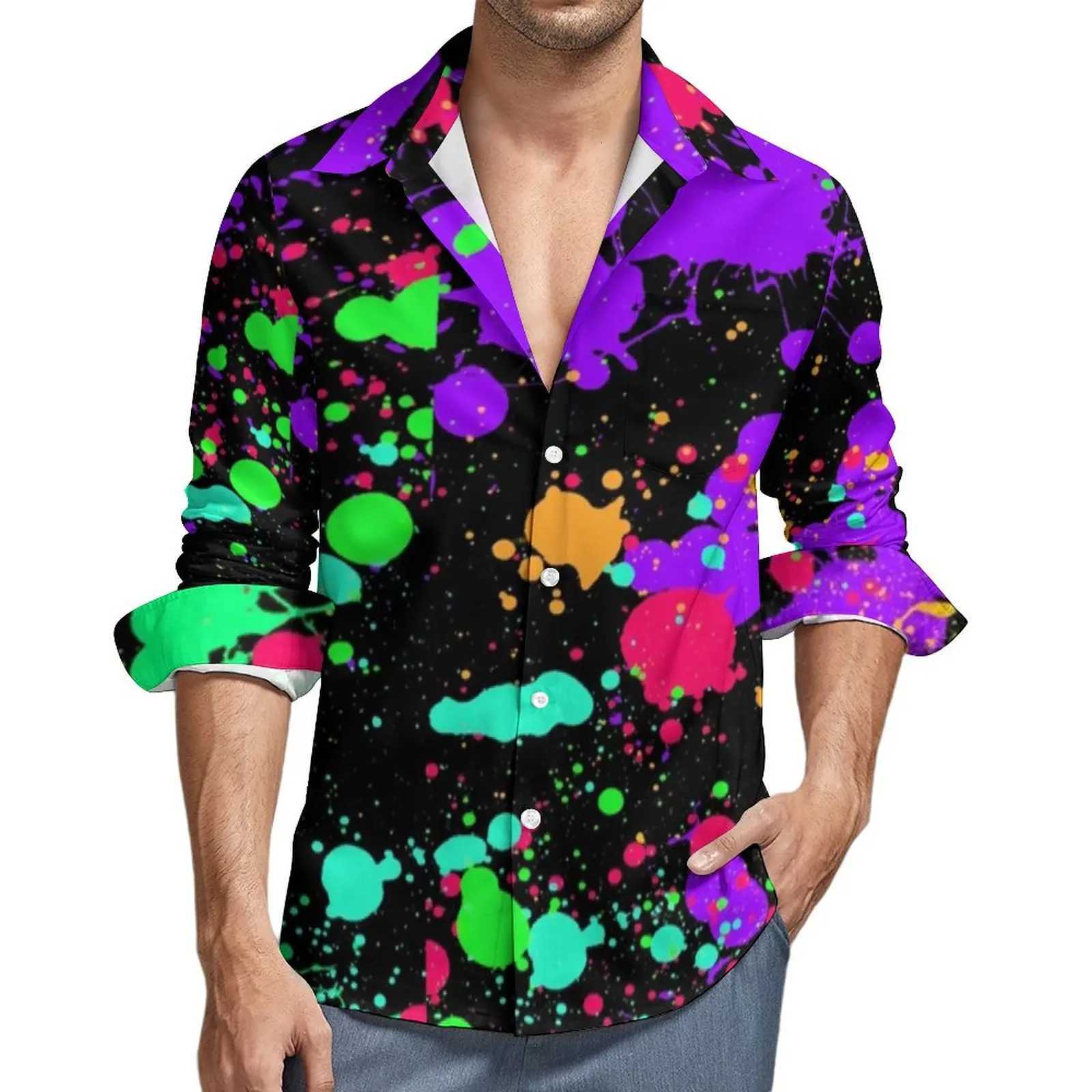 Novel Colorful Neon Painted Man Shirt Fashion Splashed Ink Printed Pattern Long Sleeve Shirt Casual Lapel Long Sleeve Tops 2024 K251110