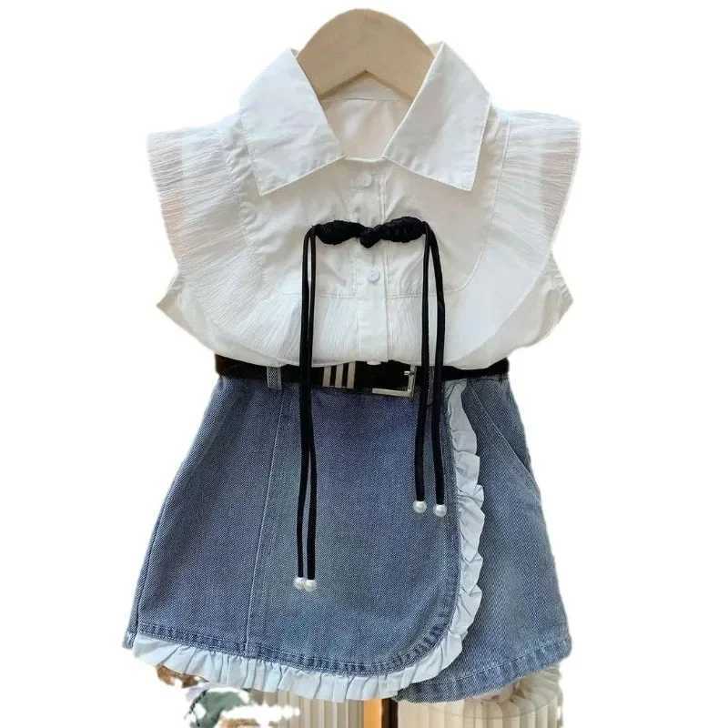 Girl Princess Sleeve Set 2024 Summer New Girl Flight Sleeve+Cowboy Lace Dress 2PCS Childrens Clothing SetXJ250410