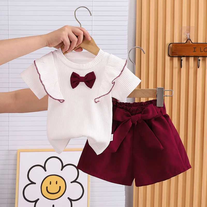 Baby girl summer clothing set with bow top and shorts 2-piece childrens clothing ensembleXJ250410