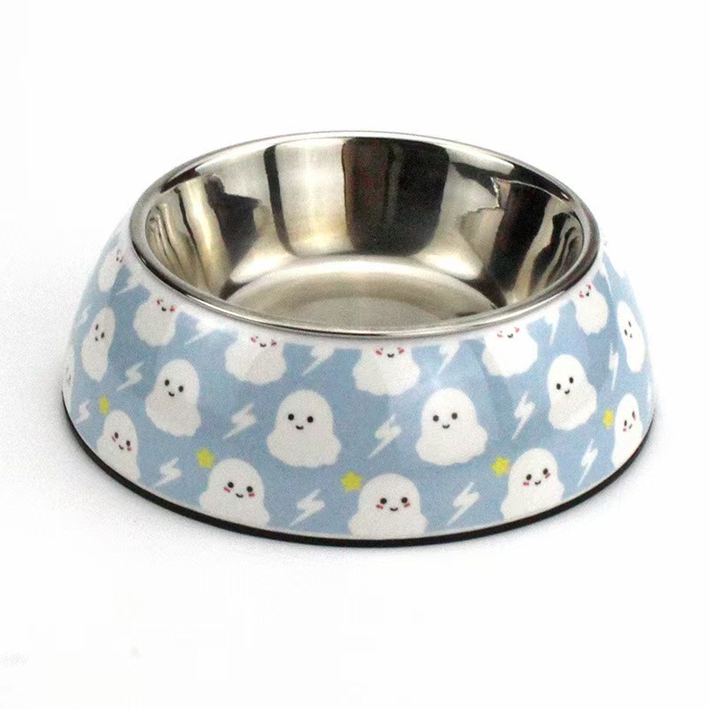 H1384 Stainless steel slow-feeding bowl for pets with non-slip design and fun cartoon print. Suitable for small to medium-sized dogs and cats. Wholesa