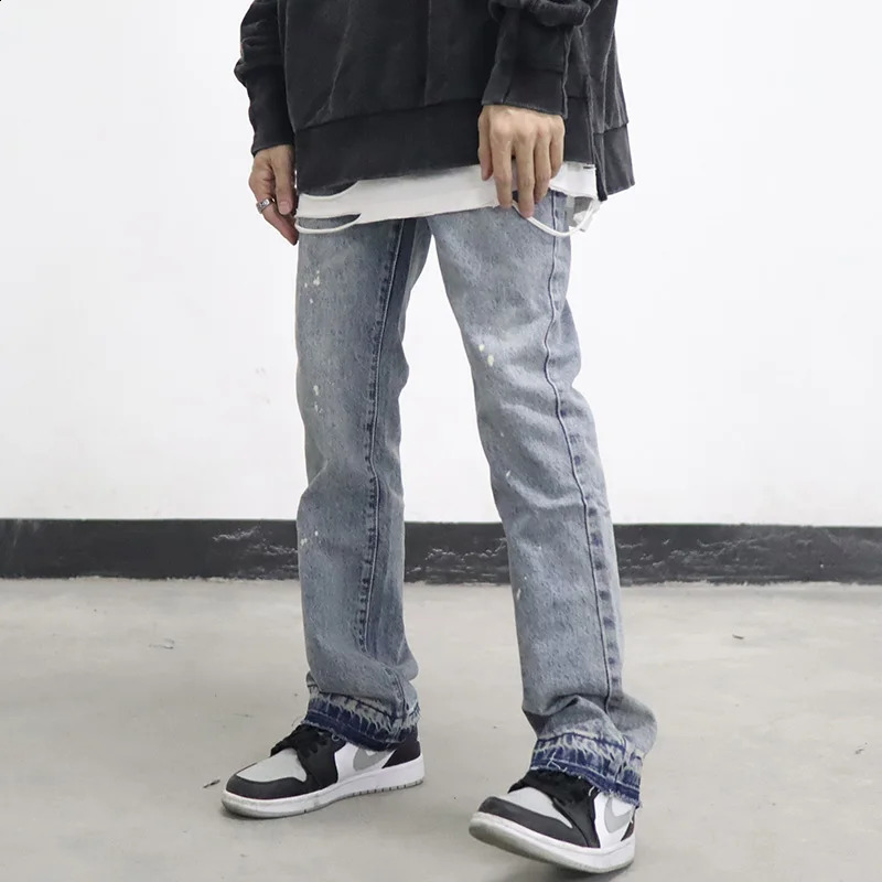 High Street Washed Splash Ink Retro Wide Leg Flared Pants Mens Straight Casual Jeans Harajuku Loose Denim Trouser 250409
