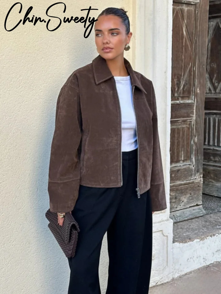 Fashion Brown Suede Womens Jackets Turn-Down Collar Zipper Loose Lady Short Coats Autumn Female Street Office Outwear 251106