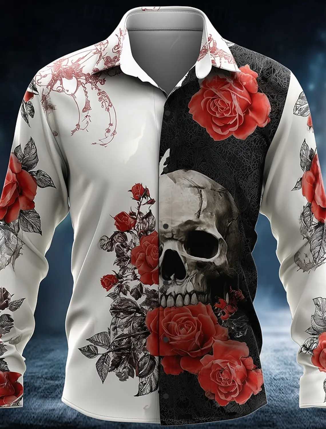 Mens Skeleton Rose Skulls Shirt Button Up Shirt Long Sleeve Dark Gothic Style Streetwear Turndown 3D Print Collared Shirts K251110