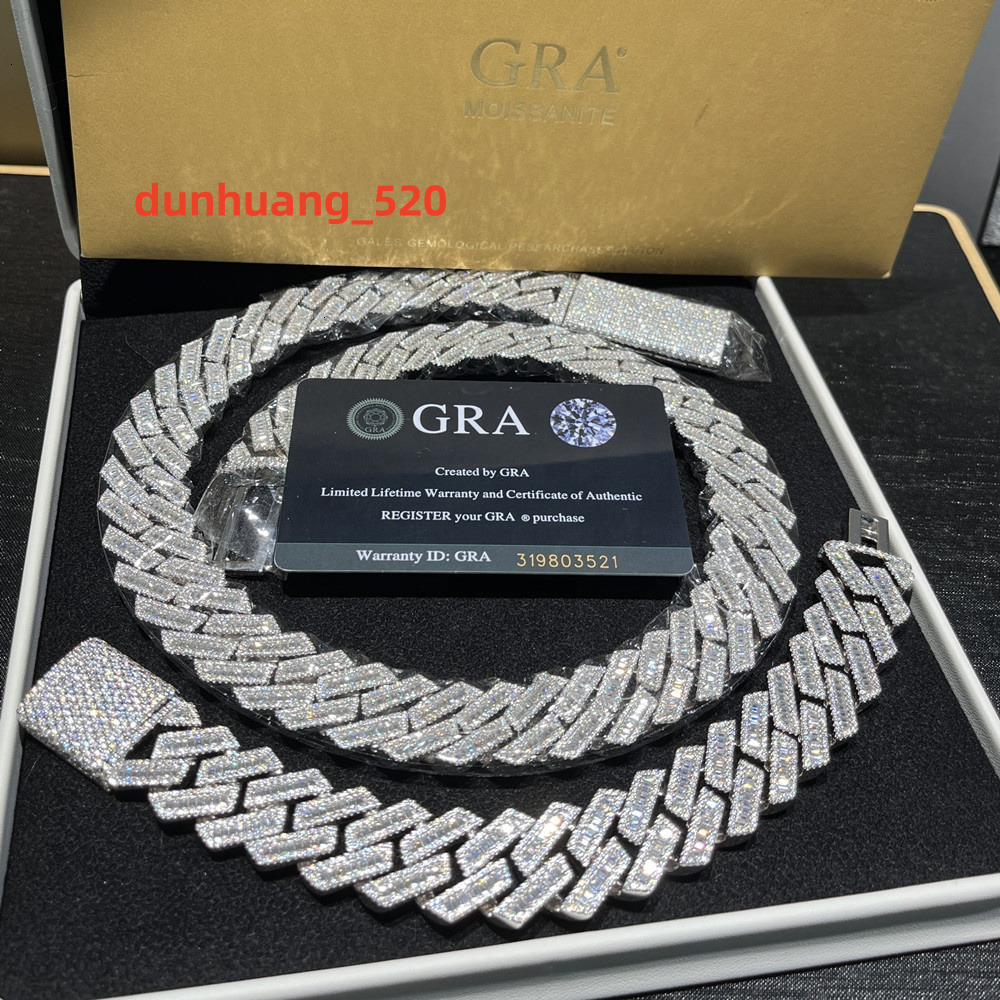15mm 20mm 925 Sterling Silver Hip Hop Ice Out Baguette Vvs Moissanite Chain Cuban