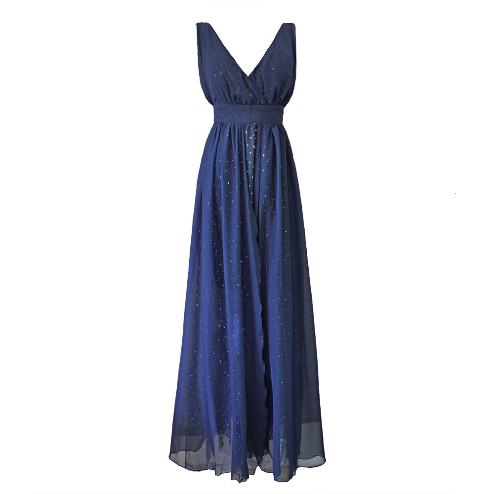 2025 women's V-neck backless waist mesh evening dress, long skirt