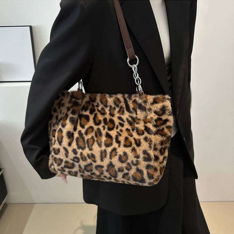 National Style Simple Women Leopard Tote Lady Luxury Fluffy Shoulder Chain Large Capacity Commuter Handle Bag