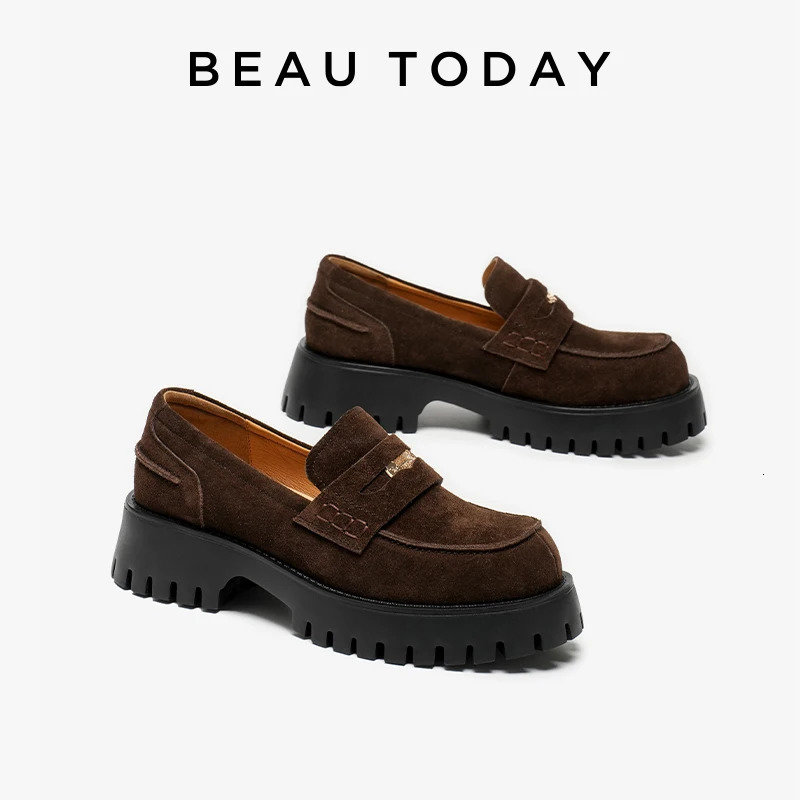BeauToday Vintage Womens Loafers Cow Suede Leather Platform Shoes Round Toe Metal Penny Slip on Ladies Flats Handmade 26667 251110