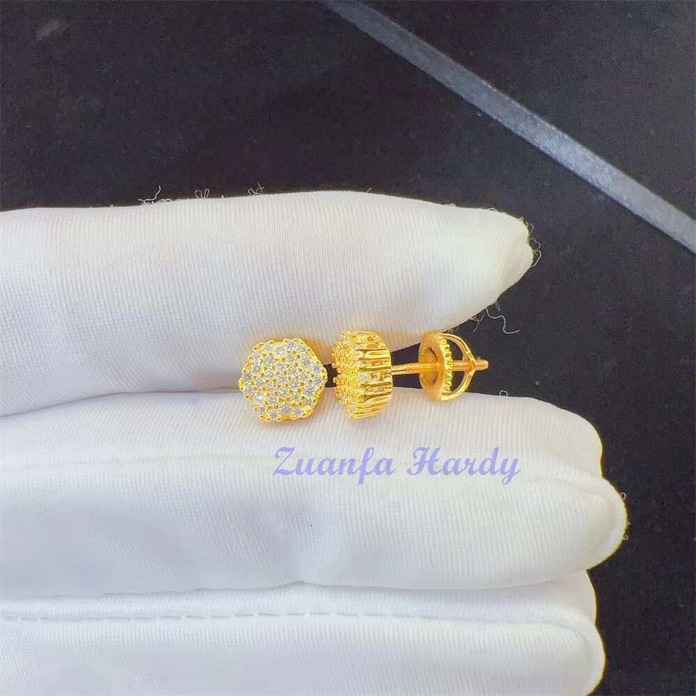 Zuanfa VVS Diamond Moissanite Jewelry Gold Plated Screw Back Earrings Hip Hop Stud Earrings
