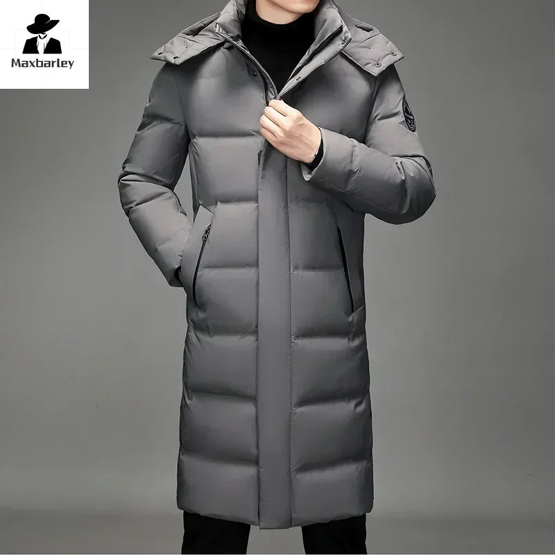 Winter Long Down Jacket Mens Light Fur Collar Hooded Windproof White Duck Down Warm Coat Korean Thick Snow Puffer Jacket 251106