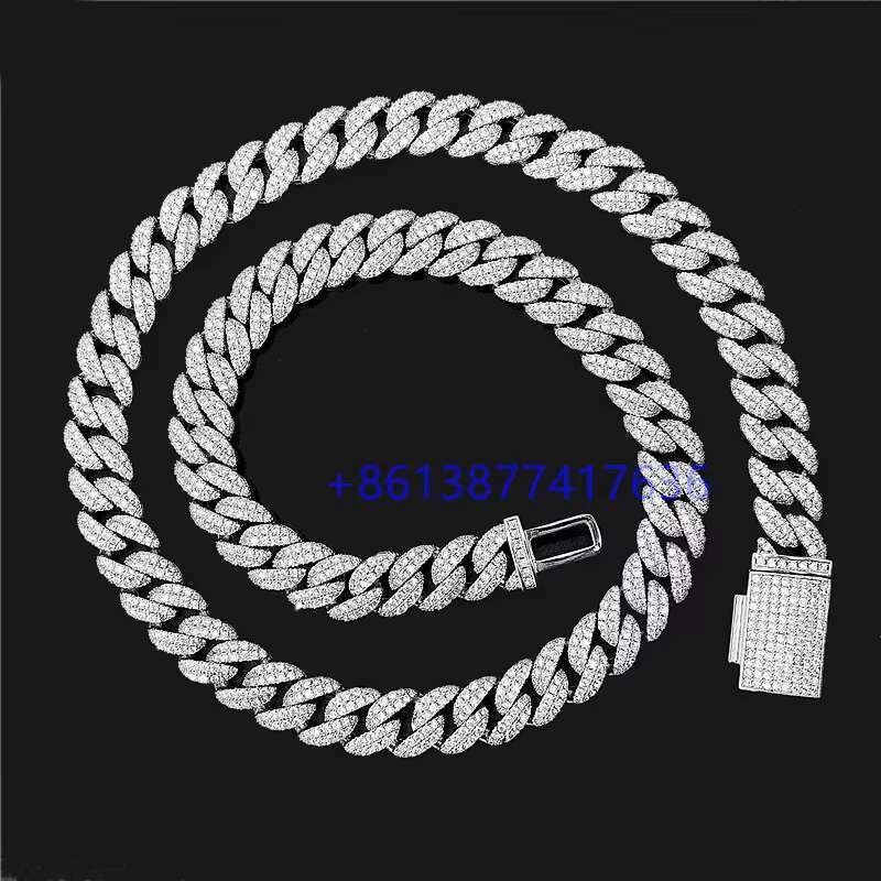 Zuanfa Hip Hop Bling 2 Rows 12mm 24 Moissanite Diamond Iced Out Cuban Chain Necklace Cuban Link Chain