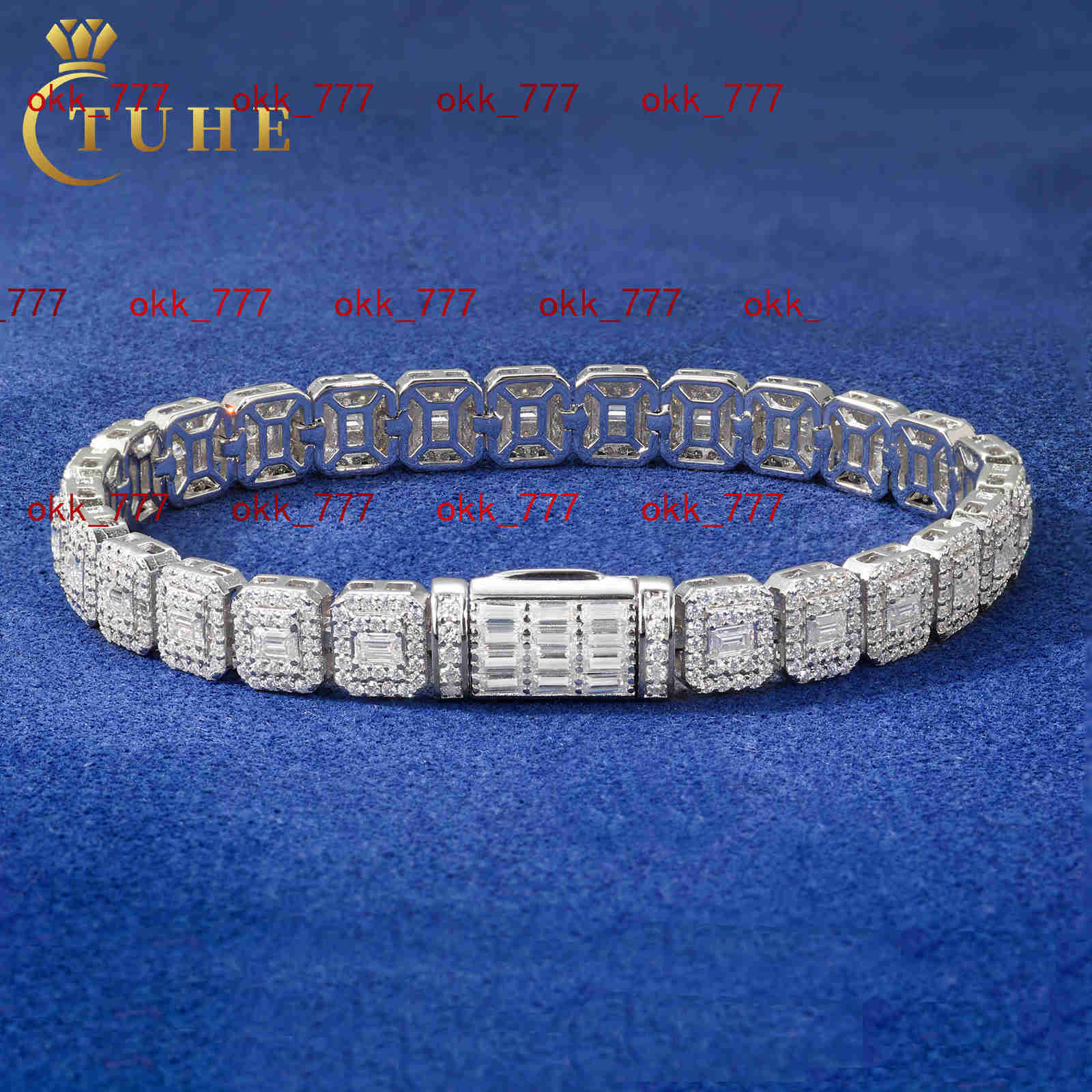 Hip Hop Jewelry 7.5mm White Gold 925 Silver Cluster VVS Baguette Moissanite Diamond Ice Out Tennis Bracelet for Men Women