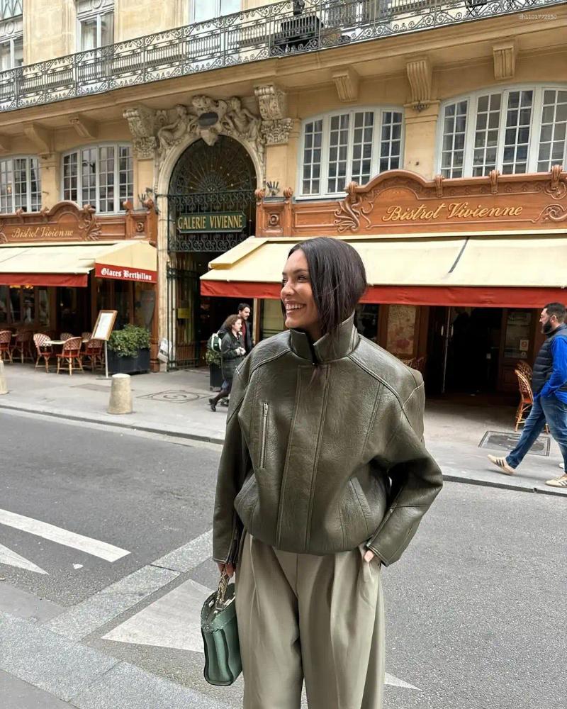 Women's Jackets Army Green Leather Pleated Jacket Vintage Casual Long Sleeved Elastic Waist Zipper Pocket Loose Wear Autumn Daily Coat 2025