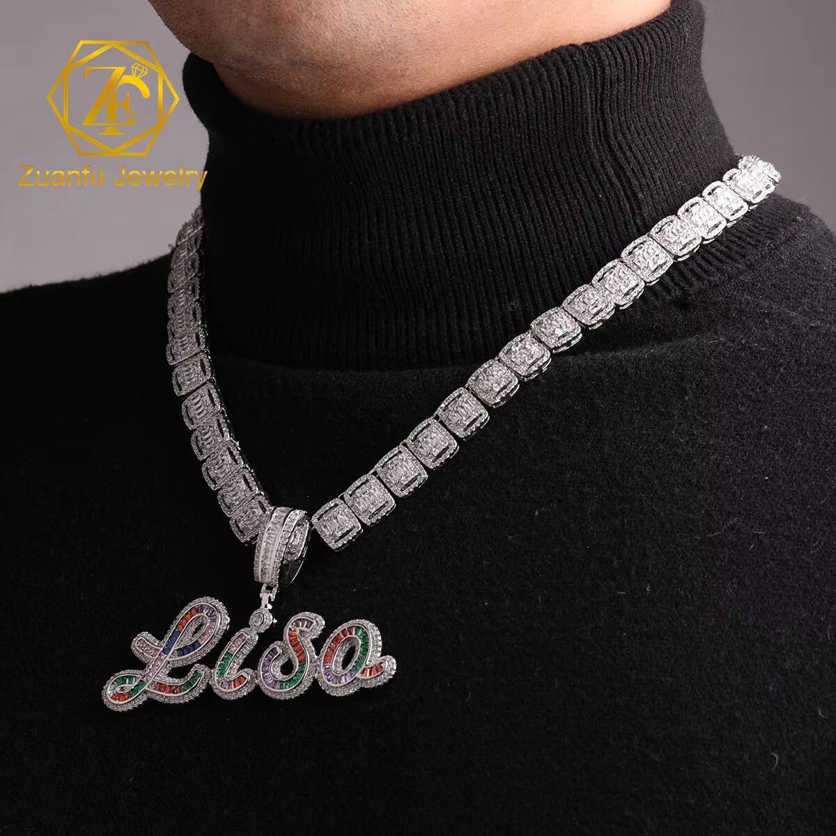 HipHop Luxury 925 Sterling Silver VVS Moissanite Diamond Pendant with Fully Iced Name Letter Fine Pendants Charms Customizable