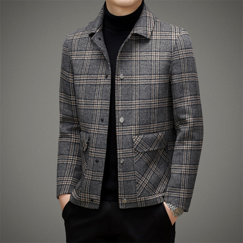 Loose Fit Men's Wool Fashion Plaid Double-Sided Short Jacket Plaid Autumn Winter New Turn-Down Collar Men's Trendy Coat Autumn Thickened Woo