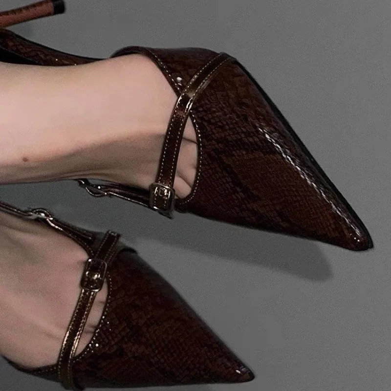 Small and Niche Pointed Thin Heel Snake Skin Pattern High Heels for Women Retro Spicy Girl Belt Buckle Hollow Sandal 251110
