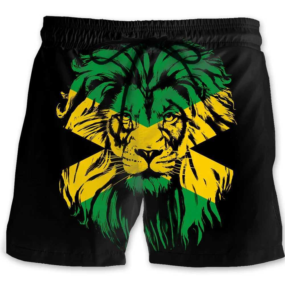 Jamaican Lion Badge Graphic Beach Shorts for Men 3D Printed Jamaican Flag Swimsuit Family Summer Hawaiian Swimsuit Cool Ice ShortsW250410