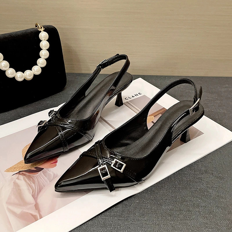 Womens Cross-knot Kitten Heels Womens Pointy Patent Leather Stiletto Slingbacks Beige White Temperament Party Sandals 251110