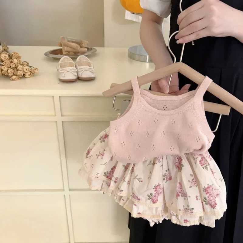 Korean Children 2025 New Fashion Summer New Girl Sleeveless Top Sweet Flower Skirt Set Cotton Sweet Girl Clothing SetXJ250410