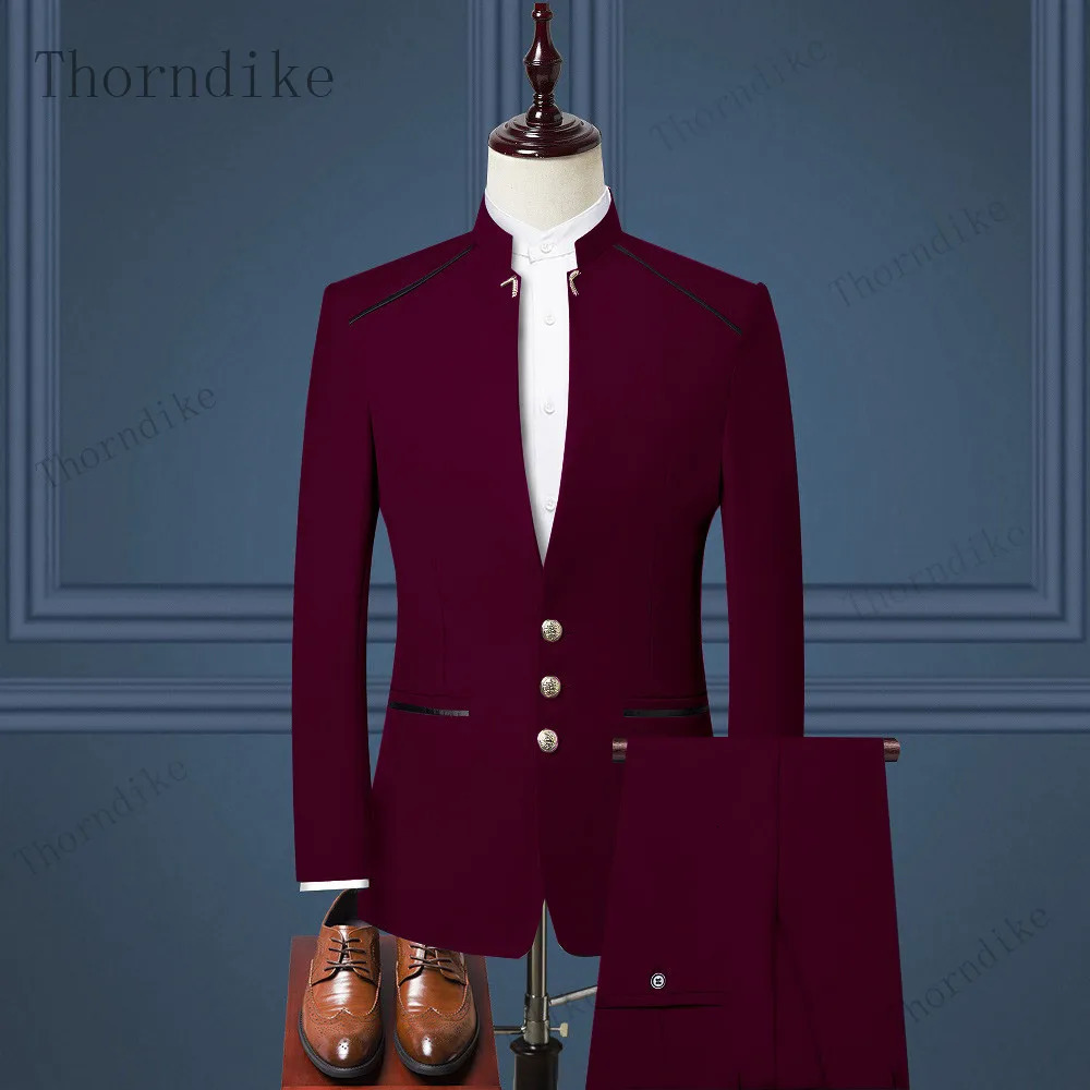 Thorndike Men Suit Chinese Style Stand Collar Blazer Male Wedding Groom Slim Fit Standerd Size Blazer Set TuxedoJacketPant 251107