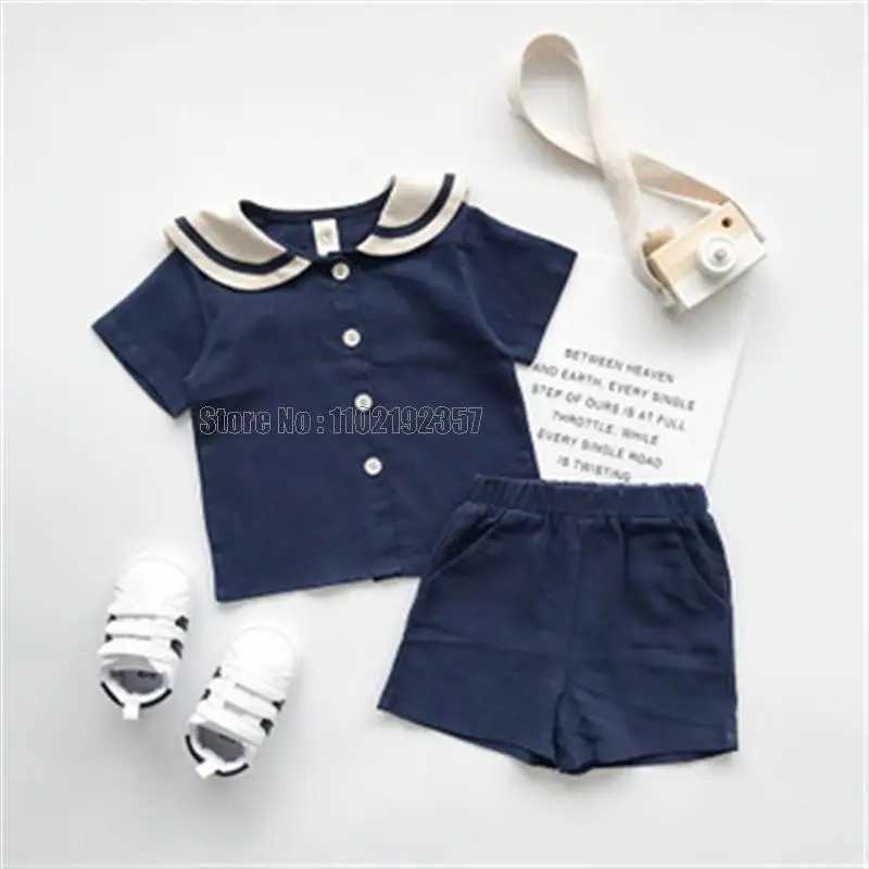 Navy sled childrens sailor collar cotton linen T-shirt+pants 2-piece summer clothing set for boys and girlsXJ250410