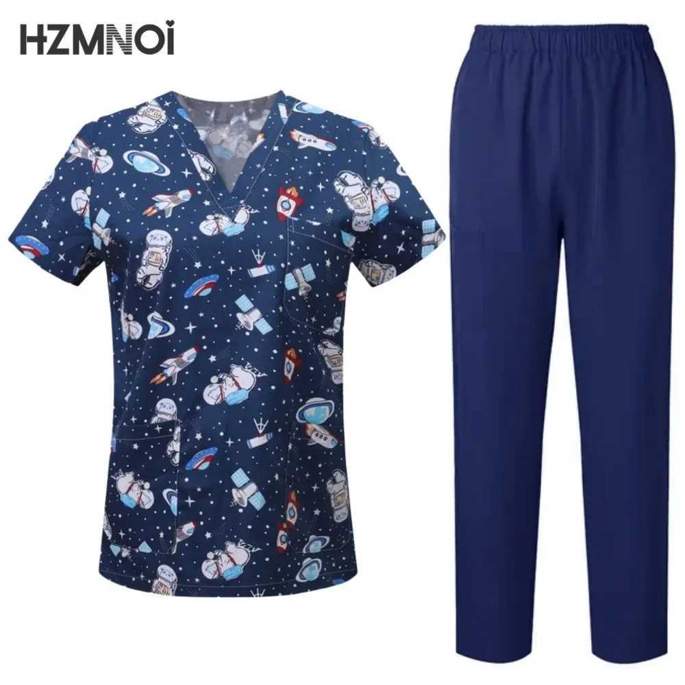 Surgical Uniforms Woman Printing Blouse Pockets Pants Medical Scrub Set Beauty Sn Workwear Clinical Scrubs Top+Pants Spa Suit X2504101