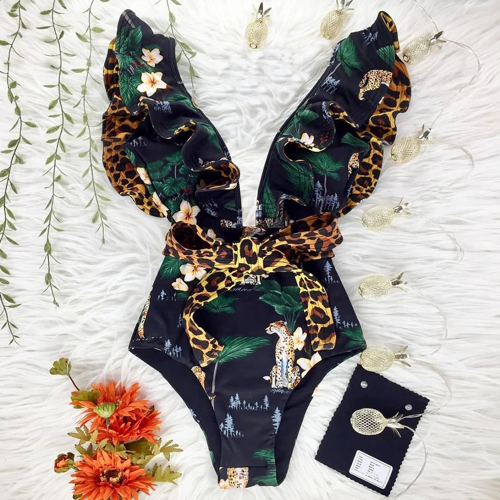 2025 Sexy Ruffle Print Floral One Piece Swimsuit Off The Shoulder Swimwear Women Solid Deep-V Beachwear Bathing Suit Monkini 250410
