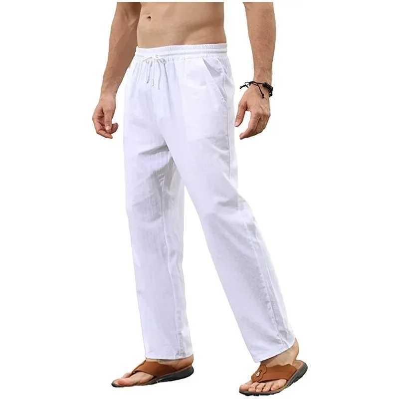Fashionable mens cotton linen pants jogging pants streetwear breathable solid color linen pants vacation summer loose pantsXJ250410
