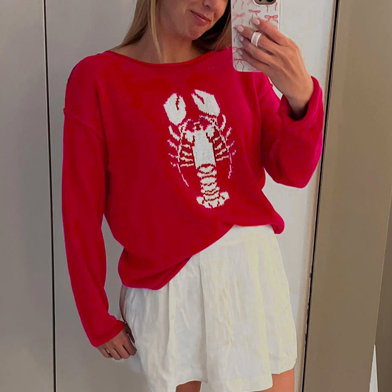 Women's multi-color lobster print sweater, off-the-shoulder long-sleeved top, troffice outfits for women, outerwear, christmas outfit for women--