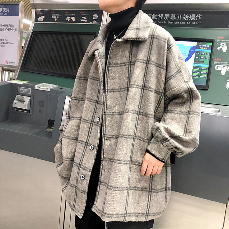 Youth Trend Woolen Plaid Jacket for Men Loose Thin Coat Top