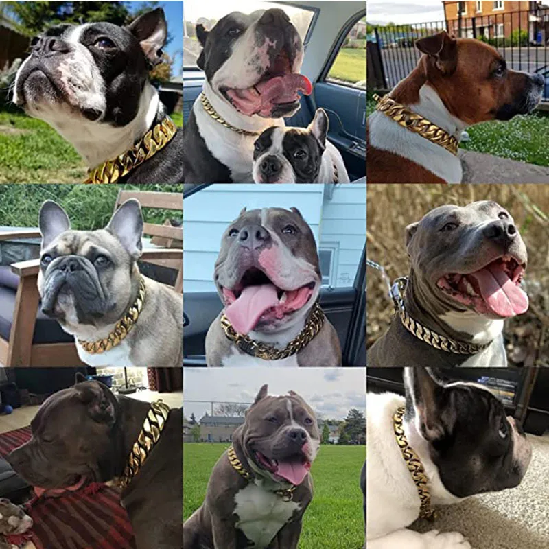 Dog Collars Leashes Strong Golden Choker Pets Cuban Link Chain 32mm Width Stainless Steel for Medium Large Bulldog