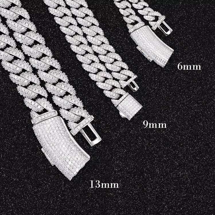 Full Ice Out Moissanite Cuban Chain 2rows 6mm 9mm 13mm 925 Solid Silver Moissanite Cuban Link Chain Mans Hip Hop Necklace