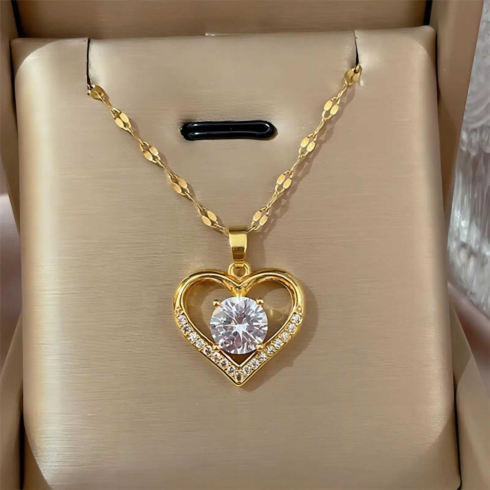 Trendy Heart Stainless Steel Zirconia Necklaces For Women Girls Love Gold Color Metal Necklace Party Birthday Daily JewelryC250411
