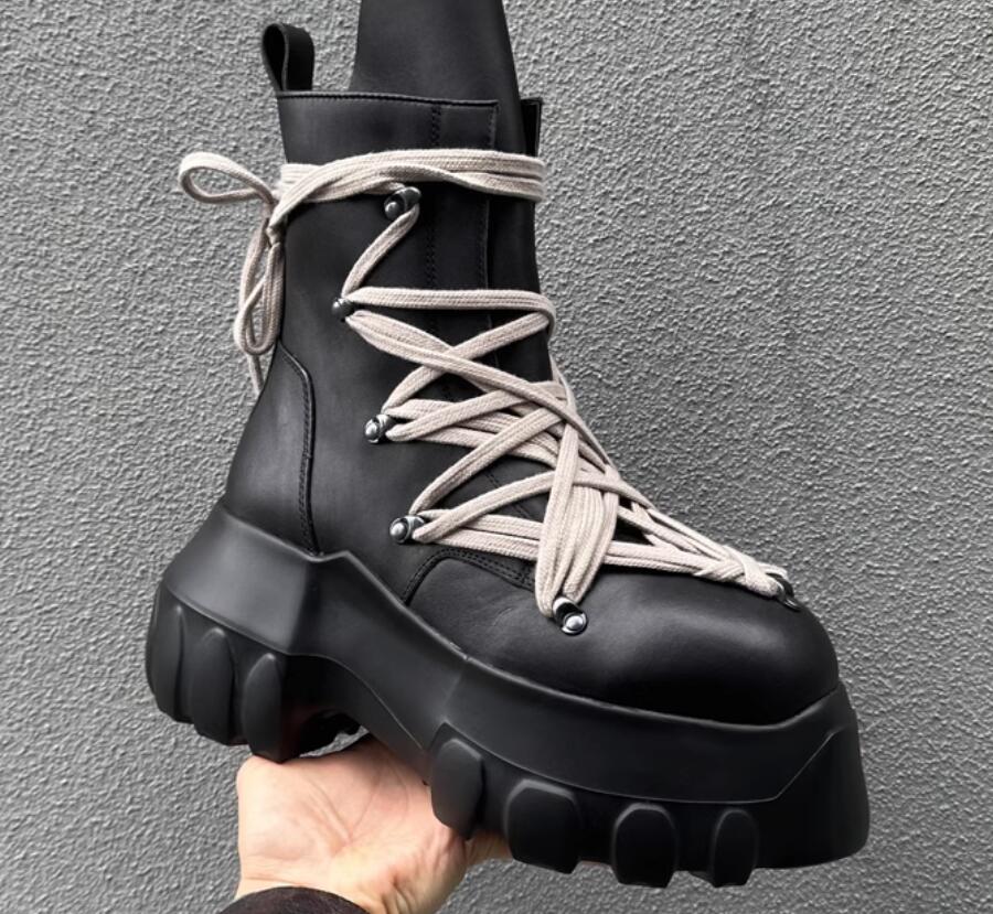 10cm Thick Sole Cowhide Genuine Leather Handmade Lace-up Cross Strap Handmade High Top Street Boots