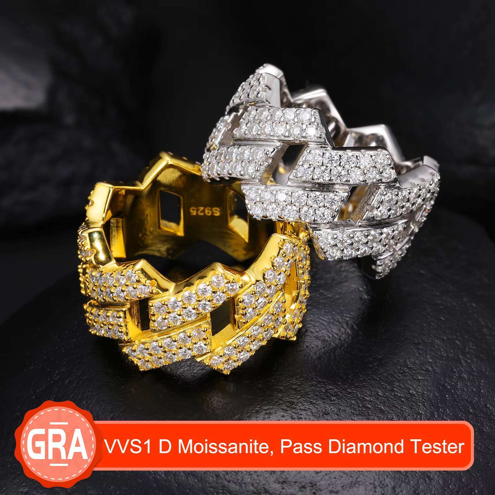 Factory-Crafted VVS1 D Color Moissanite Street Swagger Jewelry Rings GRA Certified with Pass Diamond Tester
