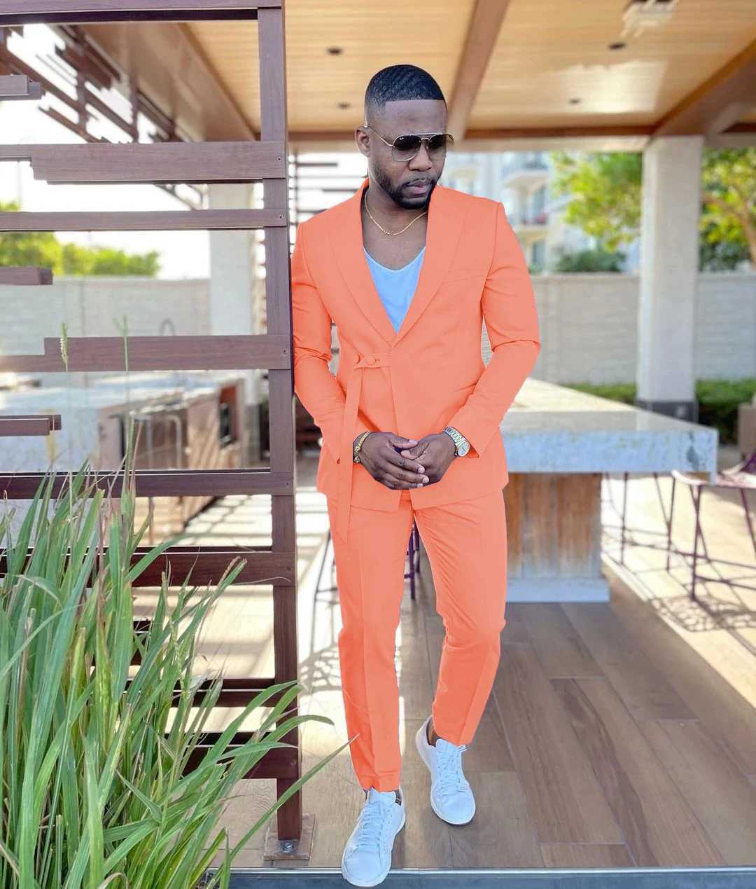 Casual peach mens double chest slim fit mens custom 2-piece jacket pants elegant full set mens clothing W250410
