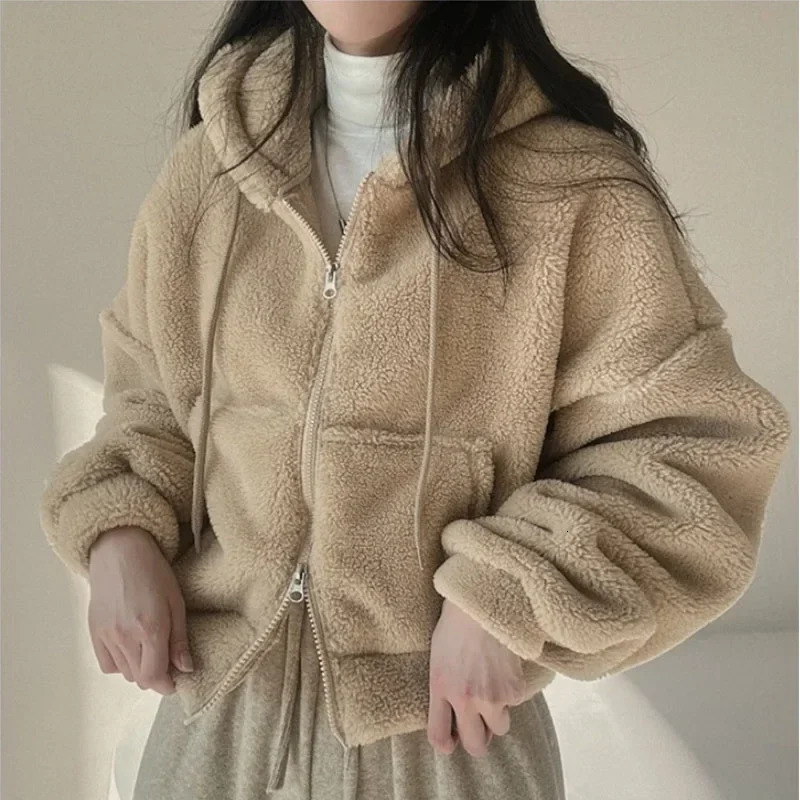 Women Lamb Fleece Hoodies Solid Color Autumn Winter Zipper Jackets Thicken Warm Hooded Coats Ladies Casual Plush Outerwear 251106