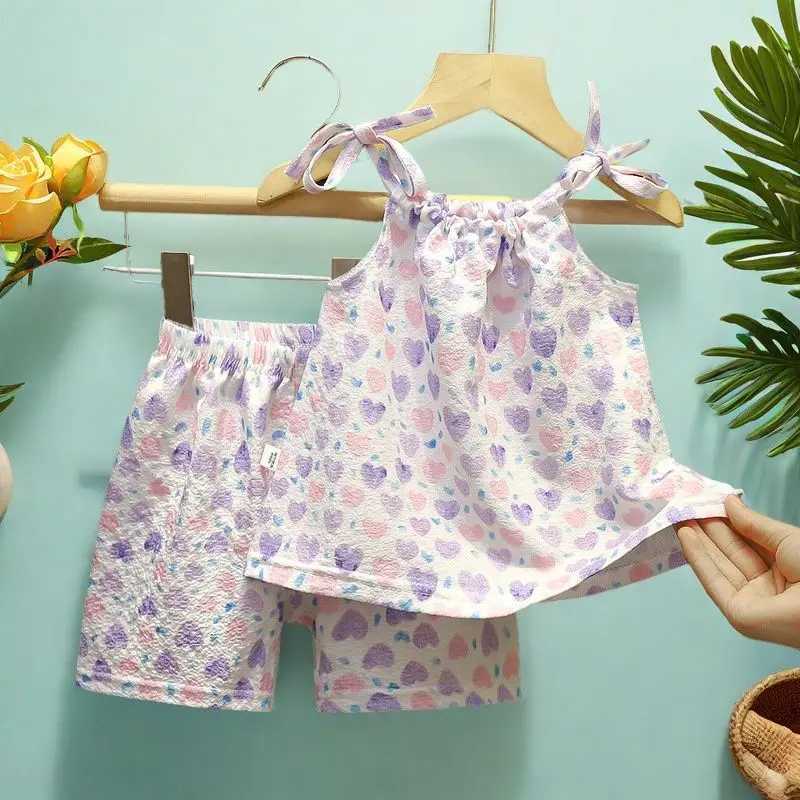 Childrens Girl 2-piece Fashion New Summer Sling Thin Top Loose Shorts Childrens Girl Cool SetXJ250410