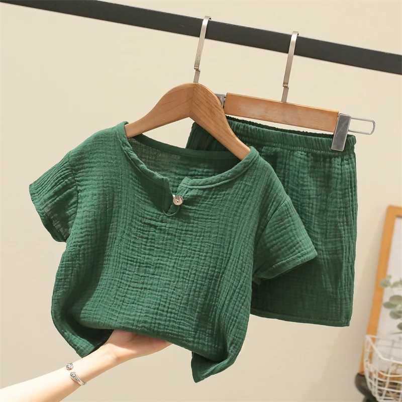 Summer childrens clothing set suitable for 0-6Y boys and girls cotton linen plain weave set T-shirt top+shorts 2 pieces of baby terrace clothingXJ2504