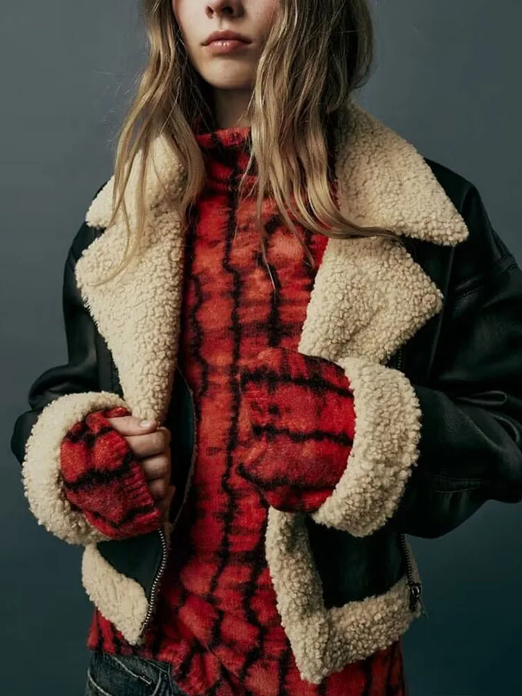 HH Womens Winter Short Motorcycle Jacket Fur One-piece Jacket Retro Lapel Zipper Pocket Decoration Womens Street Wear 251106