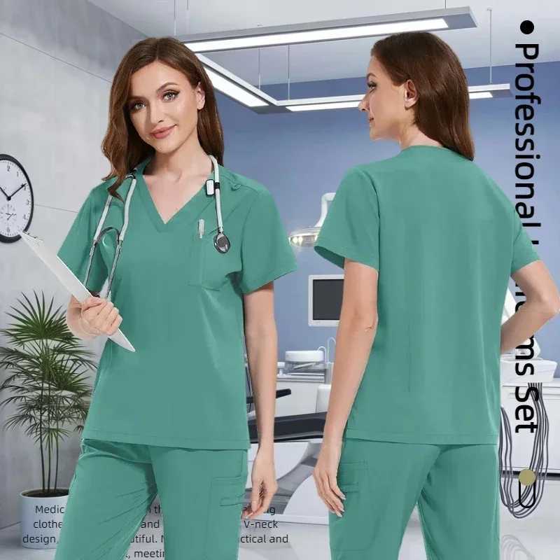 Multi color jogging set doctors nursing uniform short Slve V-neck top pocket pants nurses washer set medical clinical clothing X250410
