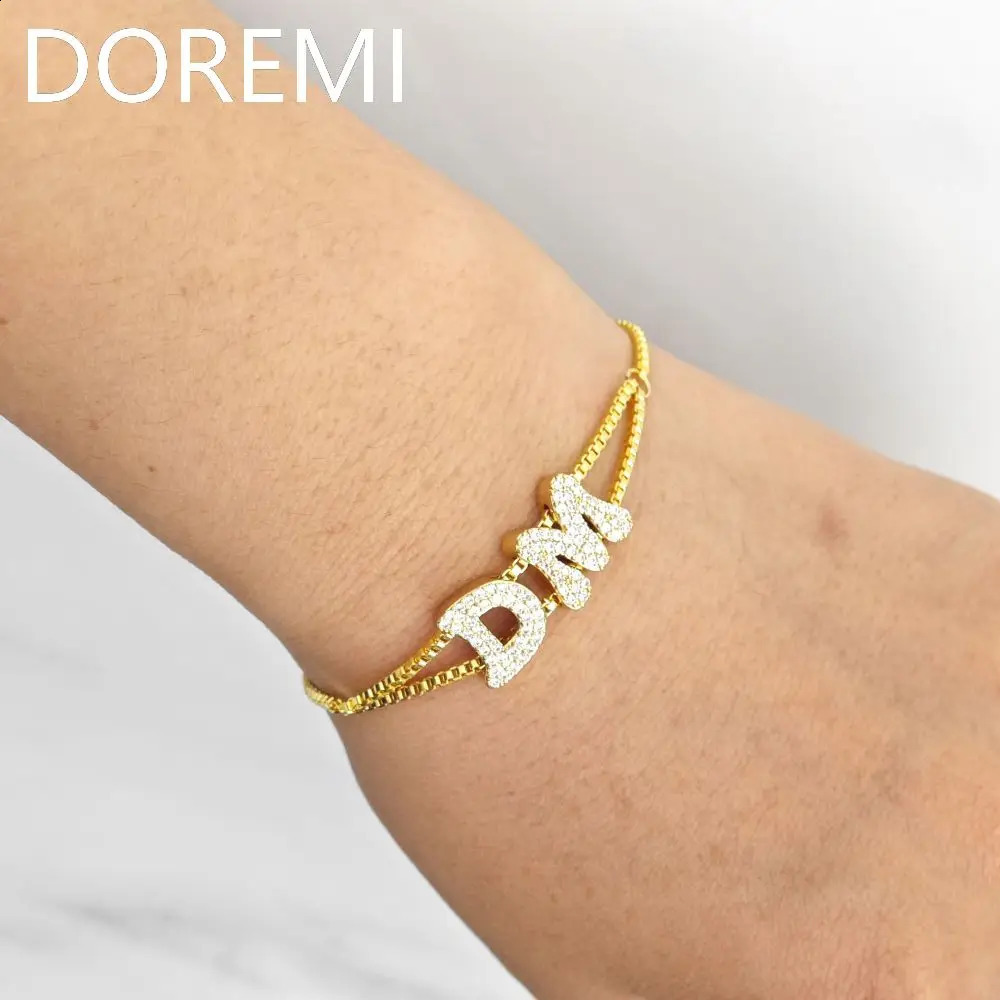 Double layer CZ personalized initial letter customized jewelry 18k gold-plated diamond bracelet fat bubble name bracelet 250408