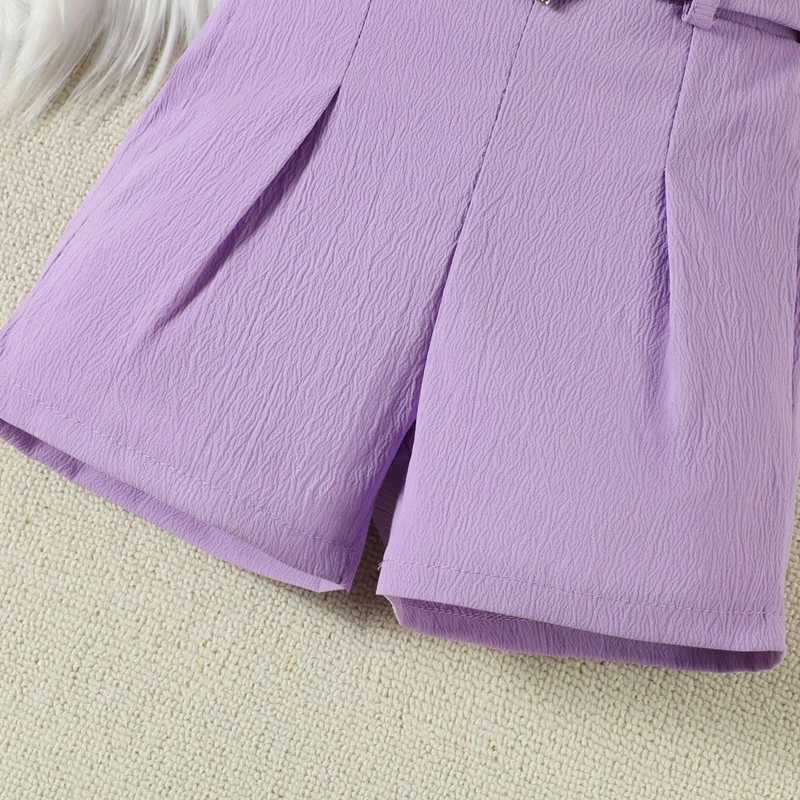 Childrens and Girls Summer Clothing Set Solid Color Sleeveless Heart shaped Crop Top+Belt Shorts 2PCS Childrens Casual ClothingXJ250410