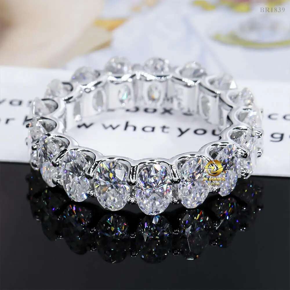 Iced Bling Oval Moissanite Eternity Ring for Women Men 925 Sterling Silver D Color VVS Moissanite Diamond Wedding Band Pass Test