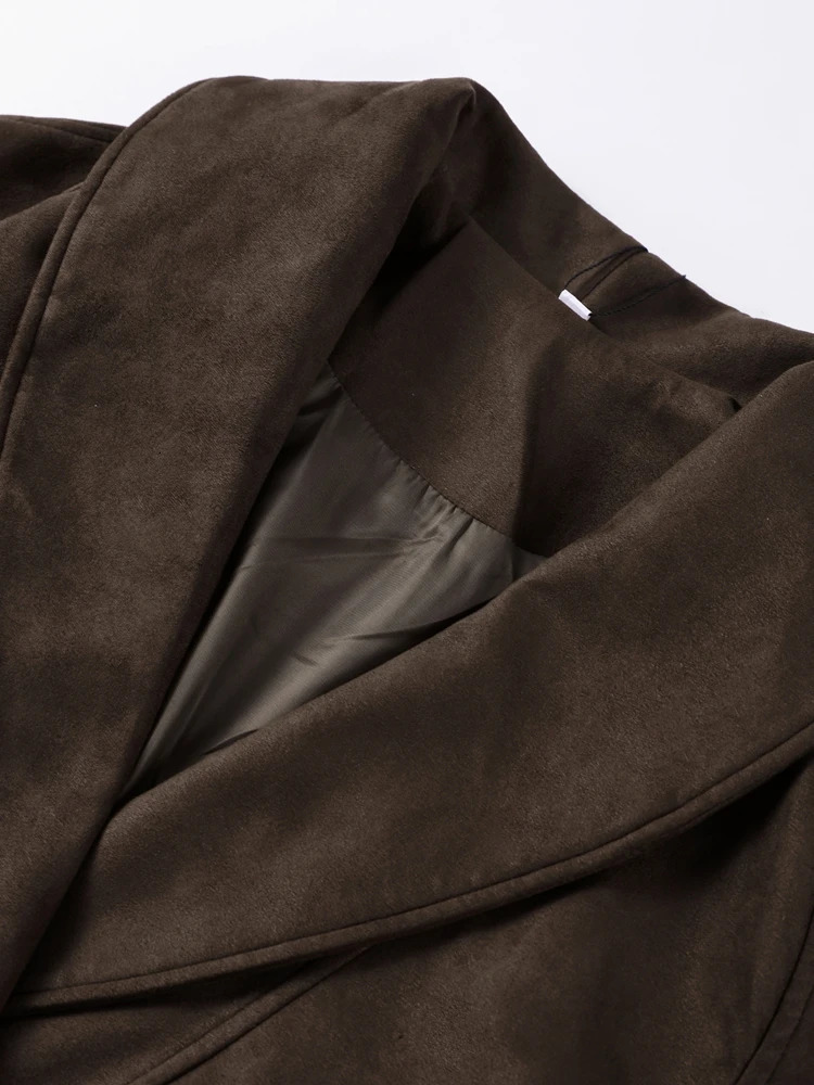 Autumn Belt Suede Jackets Women Lapel Long Sleeve One Button Lace Up Jacket Vintage Brown Loose Lady Outerwears Street 251106