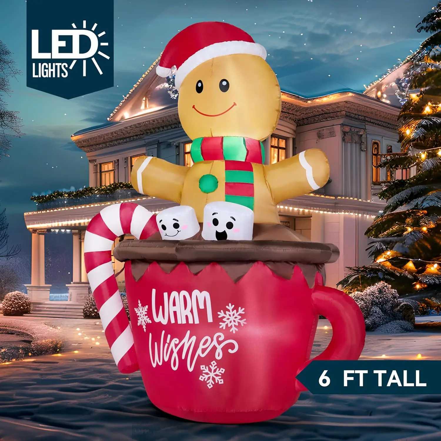 Christmas JOYFY 6 FT Tall Christmas Inflatable Gingerbread Man in Hot Cocoa Mug with Build-in LEDs for Xmas Party Outdoor Garden Decor Y251111