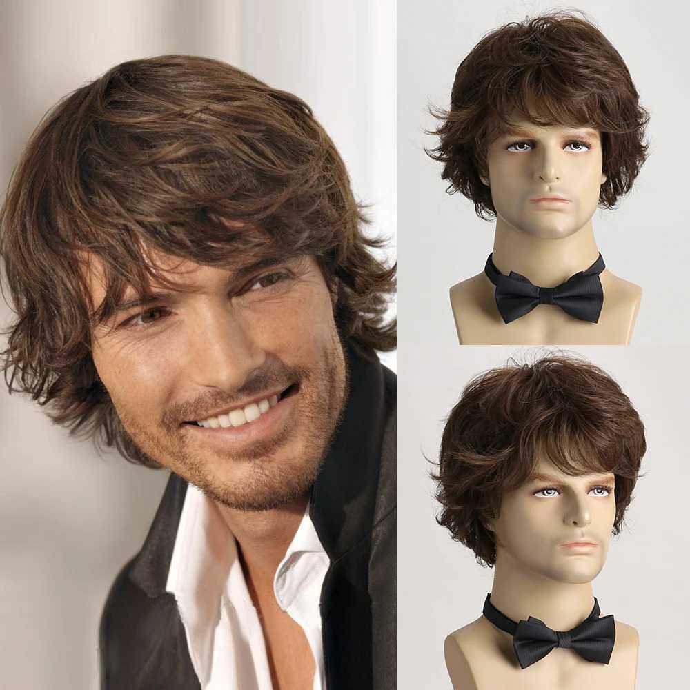 Synthetic Hair Short Curly Brown Wig for men Layered Heat Resistant Wigs With Bangs For Daily UseT251111