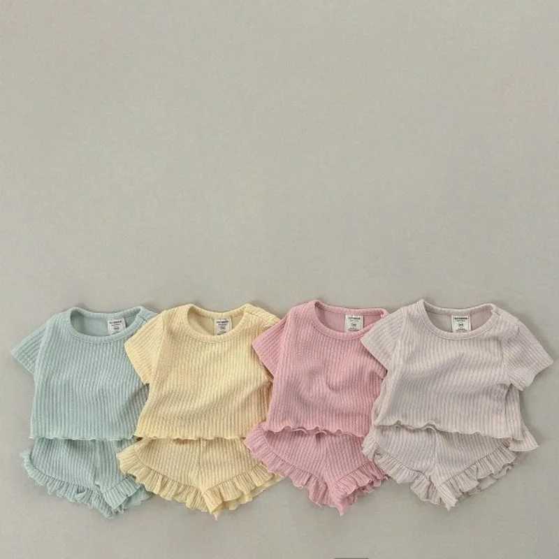 Baby girl summer pajamas set Korean sled family wearing pleated short sleeved T-shirt+shorts 2 childrens pure cotton dressesXJ250410