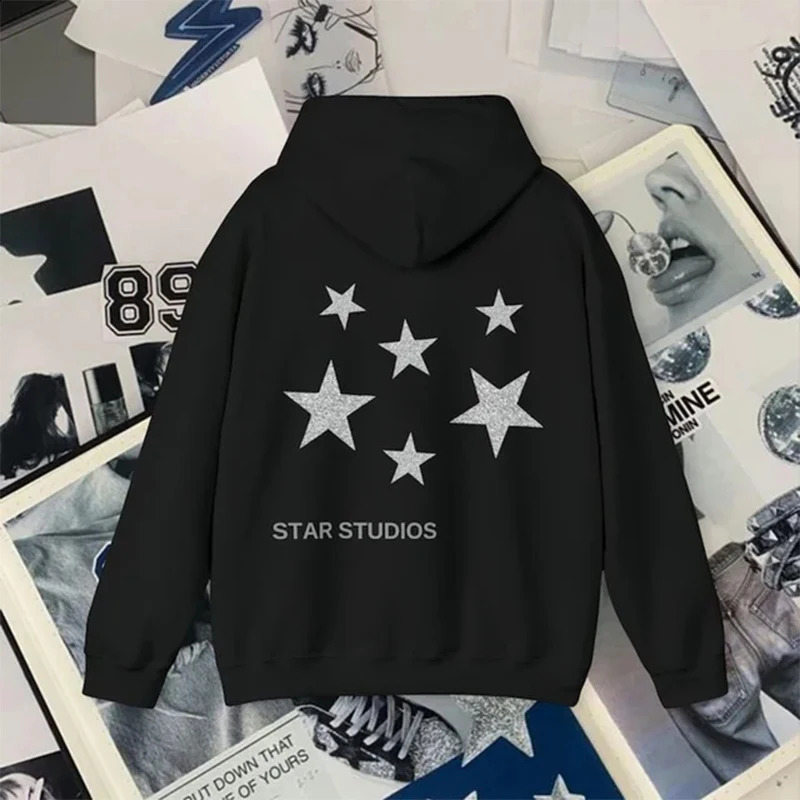 Y2K Hoodie Womens Harajuku Hip Hop Letter Star Graphic Printing Loose Sports Shirt Punk Rock Gothic Top Street Clothing 250314