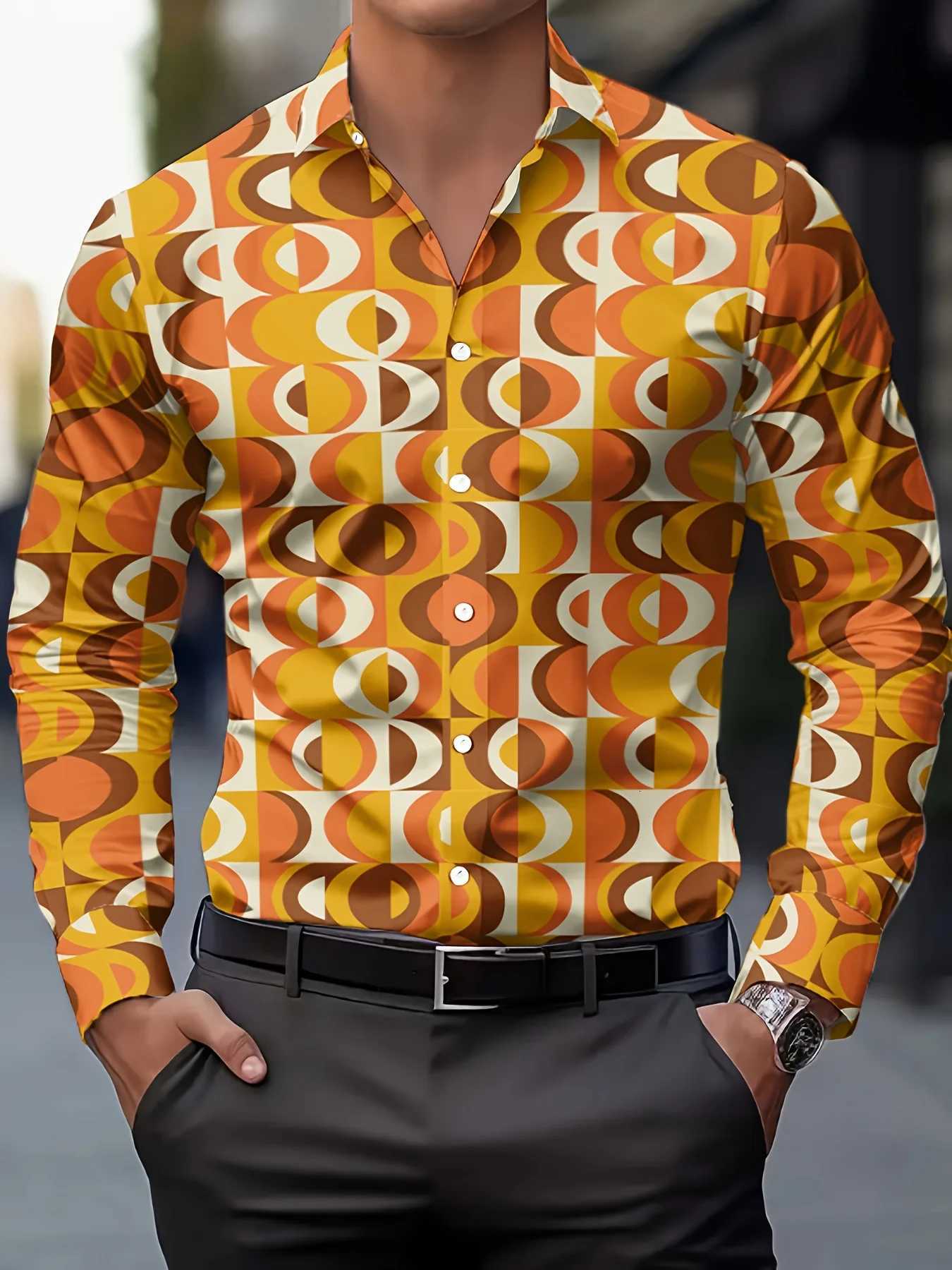 70s Theme Parties Mens 70s Disco Party Shirt - Retro Vintage Formal Casual Button-Up Blouse with gradient Machine Washable K251110